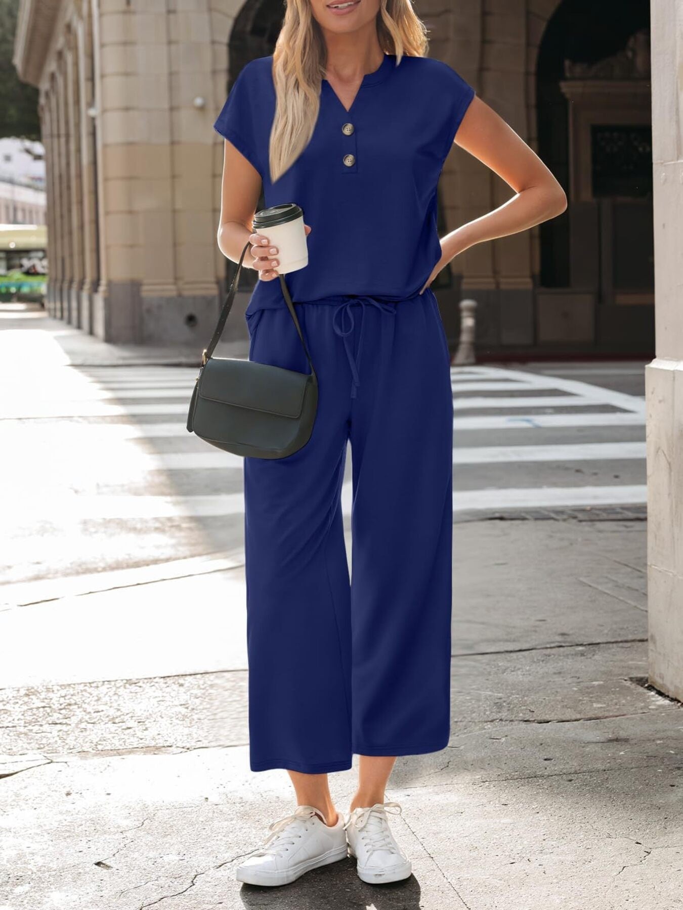 Elegant front view of matching top and pants outfit