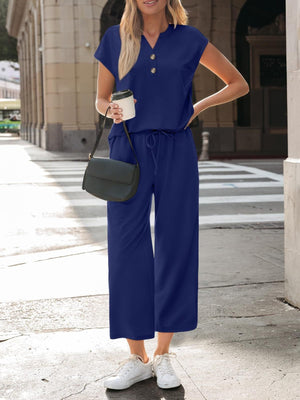 Elegant front view of matching top and pants outfit