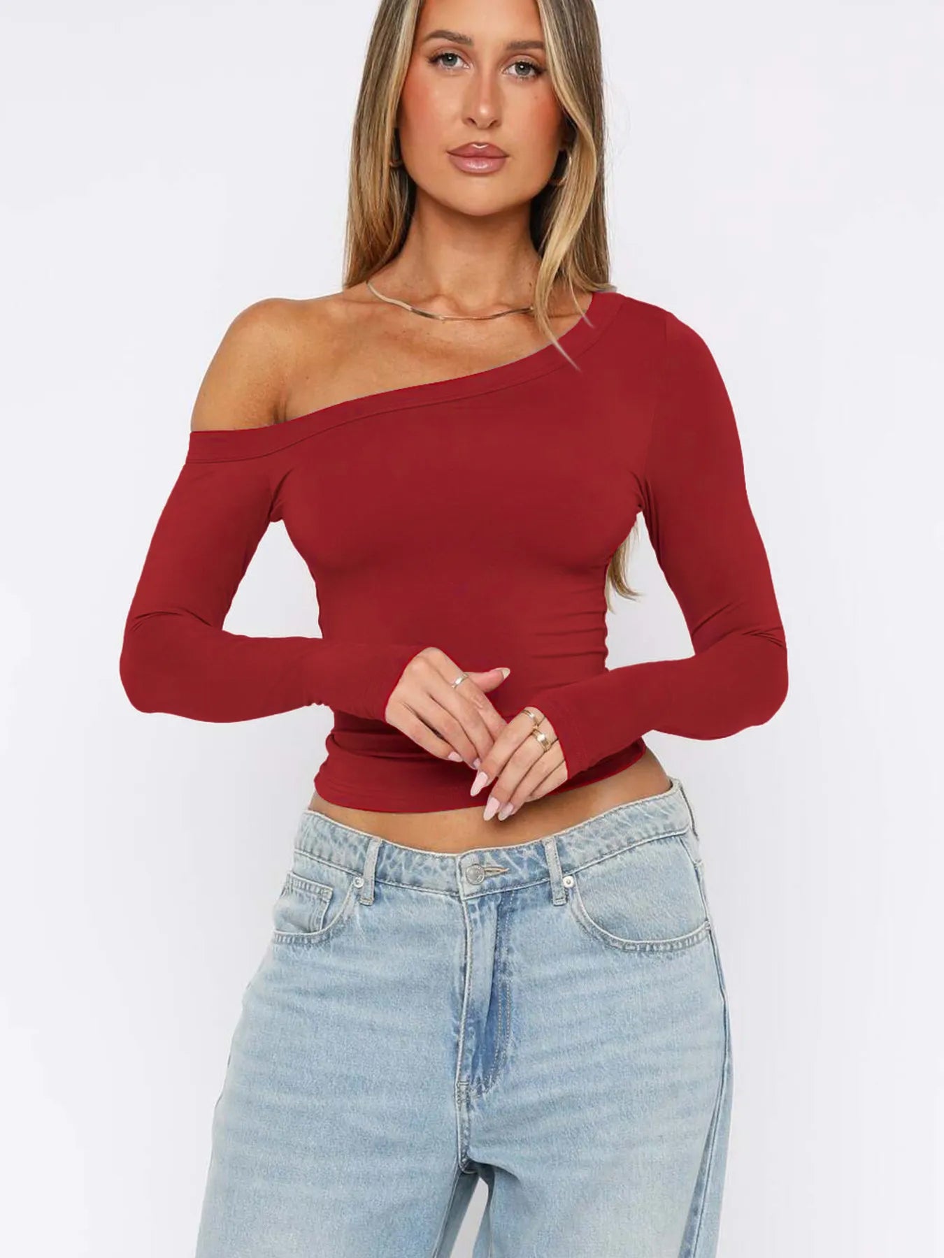 Women one shoulder long sleeve crop top front