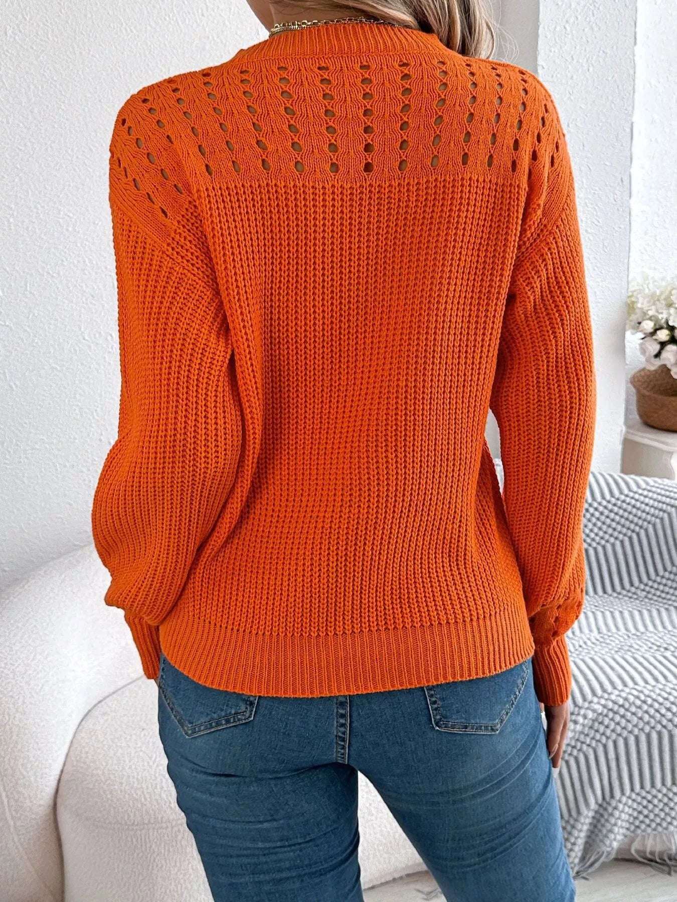 Back view openwork sweater long sleeve breathable design