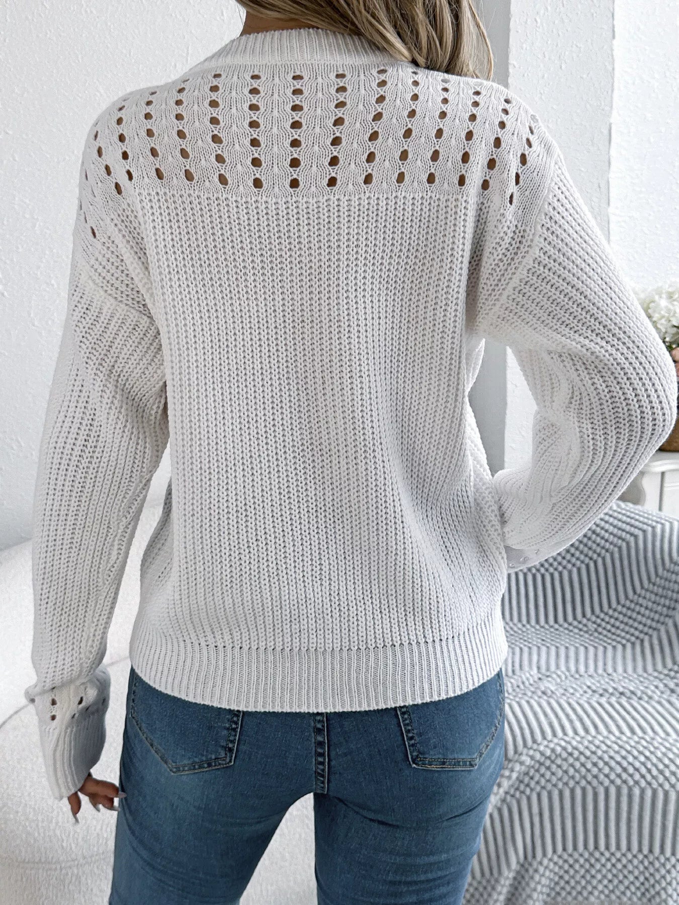 Back view openwork round neck sweater long sleeve elegant style