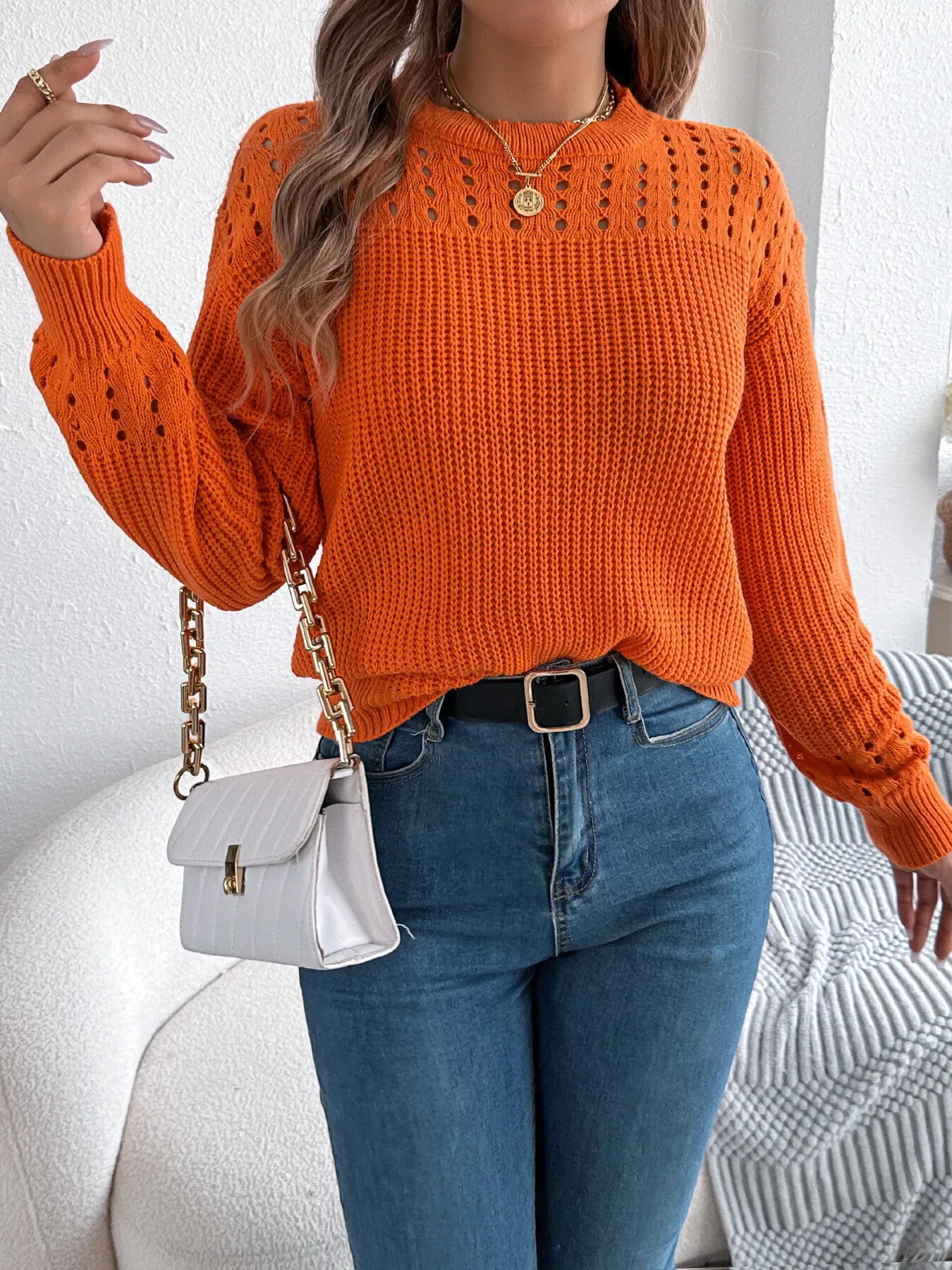 Casual openwork long sleeve sweater front minimal style