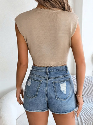 rear view round neck cap sleeve knit top