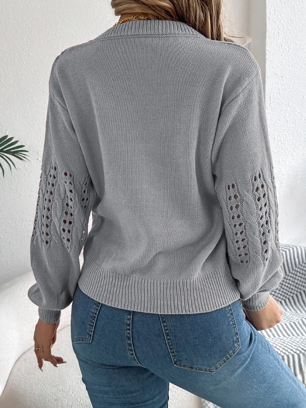 back view openwork round neck sweater long sleeve