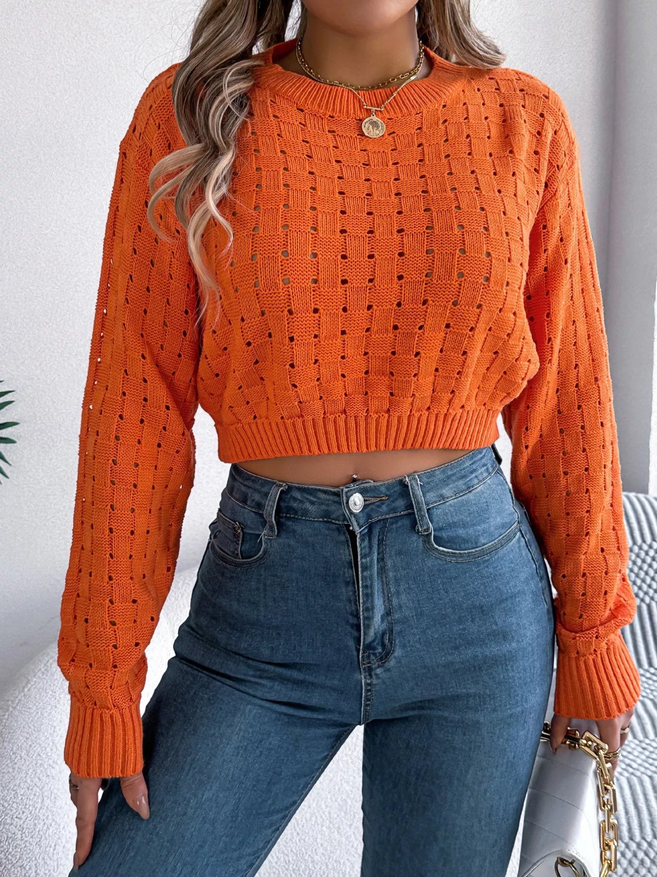stylish openwork long sleeve sweater front casual outfit