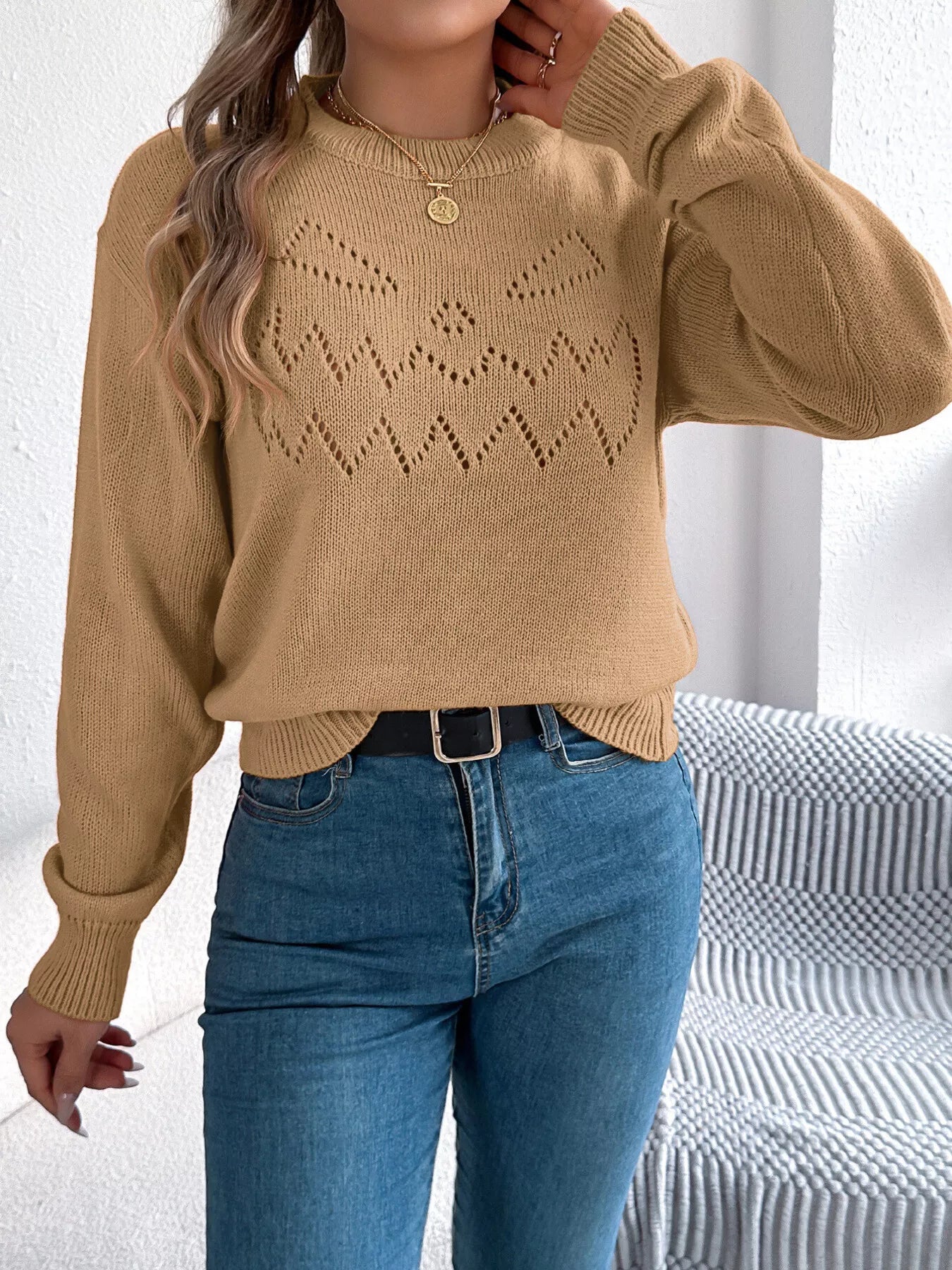 Elegant women openwork sweater front casual chic style