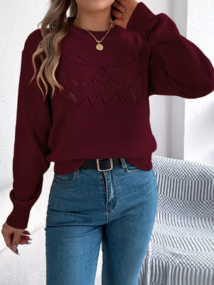 Chic openwork round neck sweater front view modern knitwear