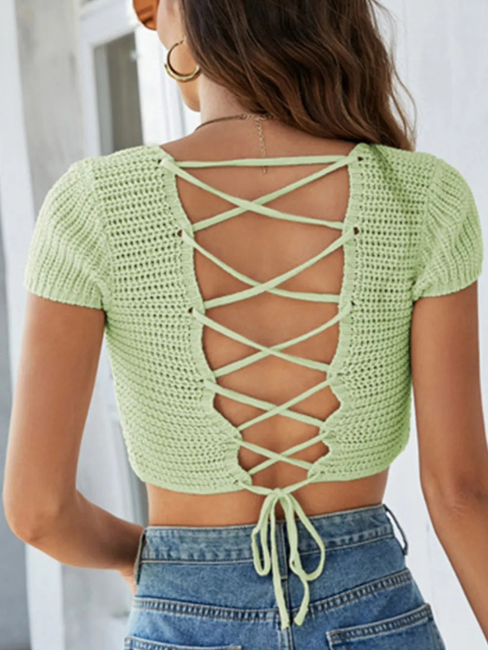 Back view lace-up openwork knit sweater women fashion