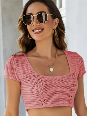 Elegant lace-up openwork square neck sweater front view