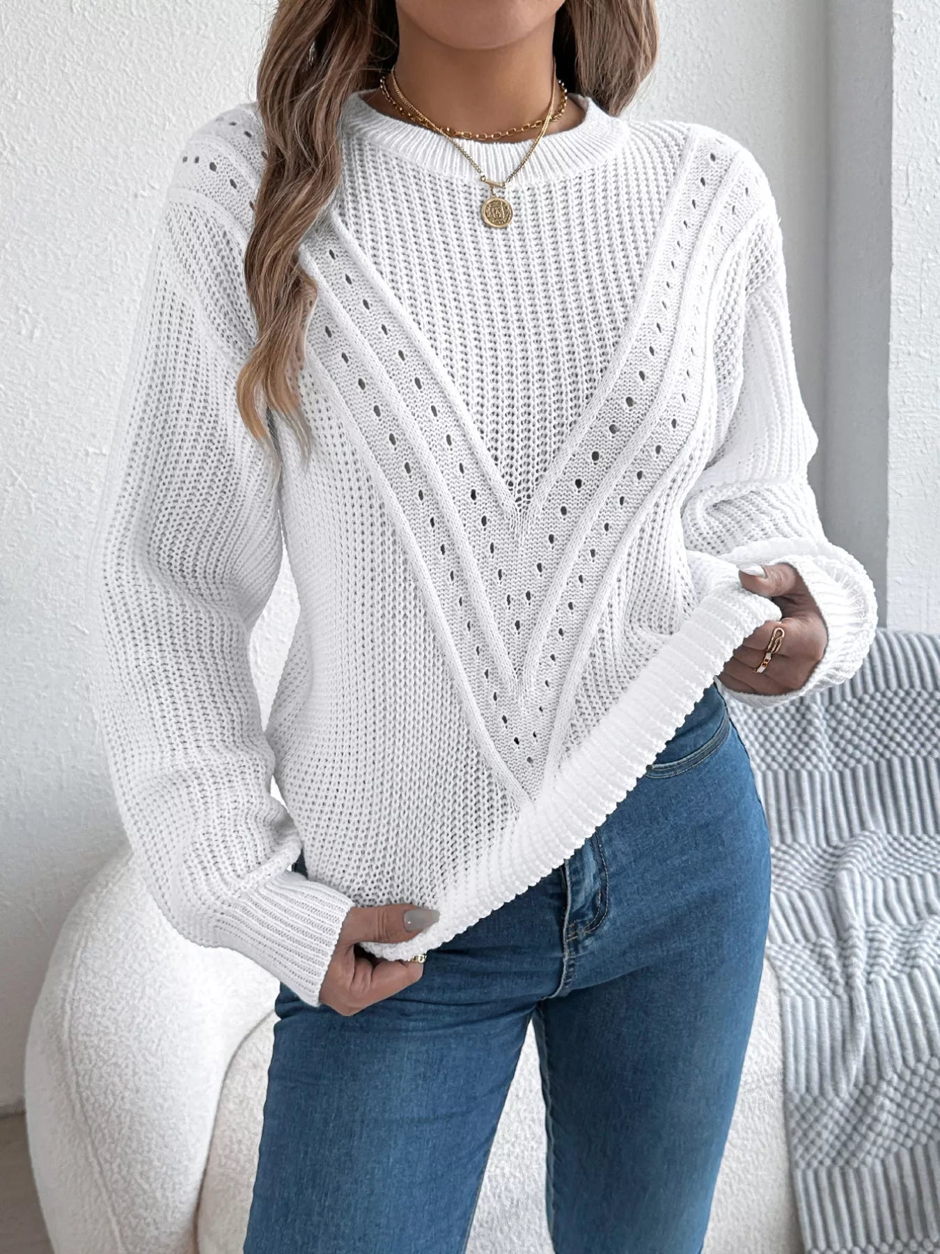 Openwork round neck sweater front view stylish knit design