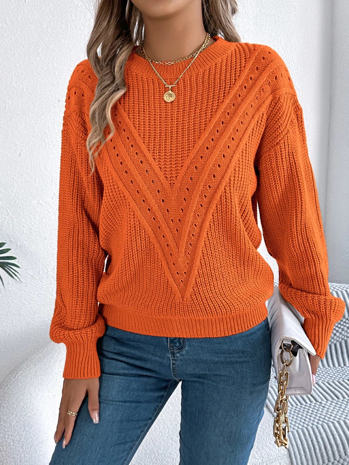 Trendy openwork sweater front clean round neck design