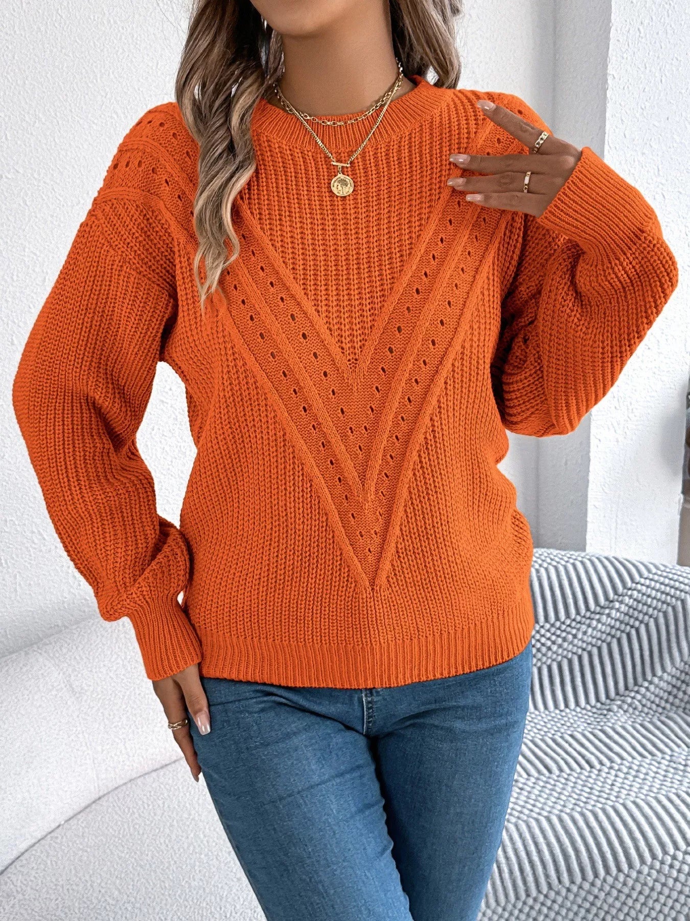 Soft knit openwork sweater front cozy style