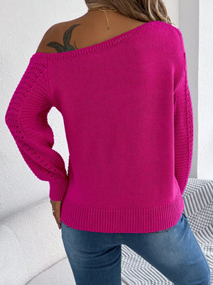Rear view of openwork one shoulder long sleeve sweater