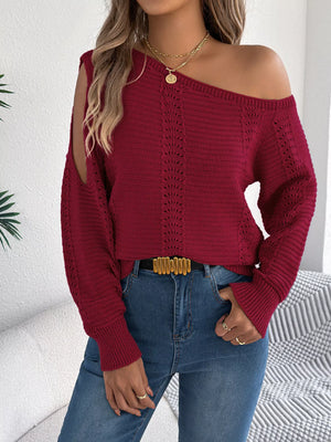 Trendy asymmetrical shoulder knit sweater front 