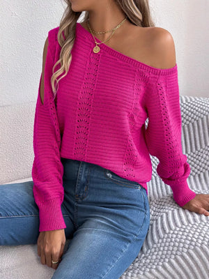 Modern knit sweater with cutout shoulder detail front