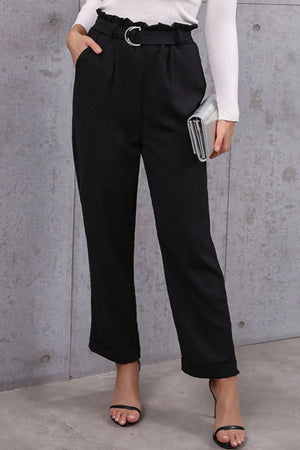 Front view of belted paperbag waist pants for women with high waist design
