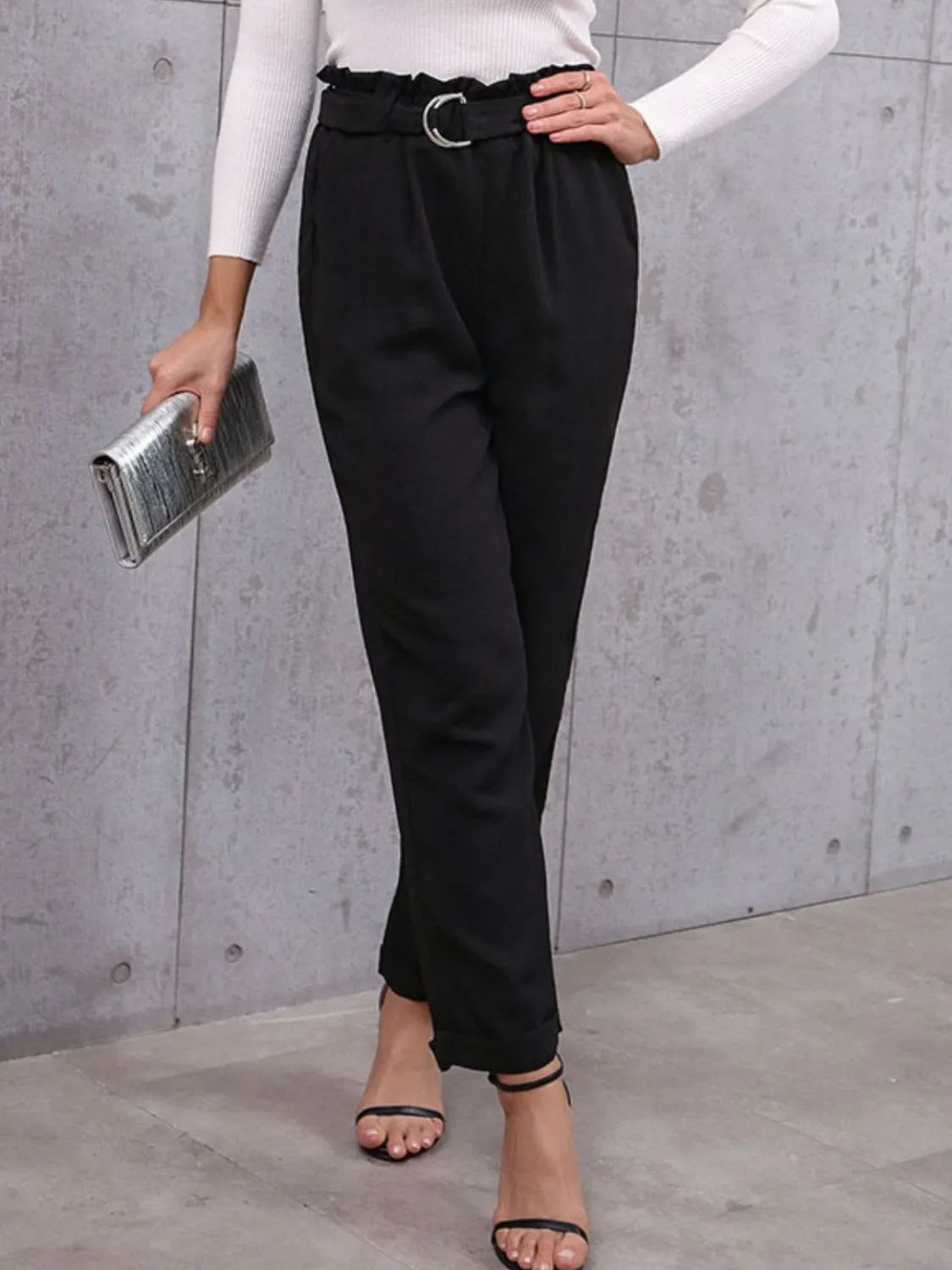 Women’s casual paperbag waist trousers front side with adjustable belt