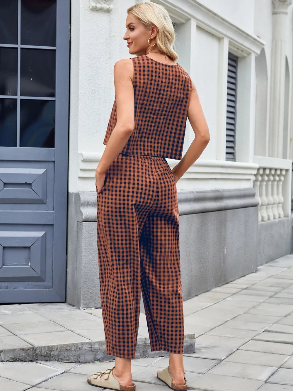 Plaid Sleeveless Top and Pants Set – Back View