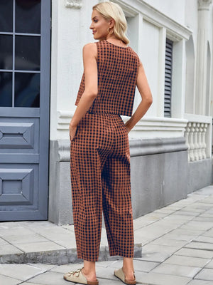 Plaid Sleeveless Top and Pants Set – Back View