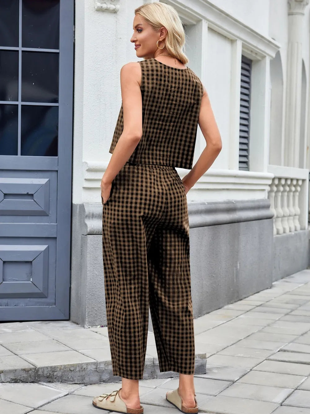 Plaid Sleeveless Top and Pants Set – Back View