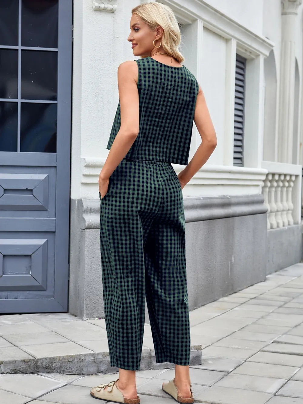 Plaid Sleeveless Top and Pants Set – Back View