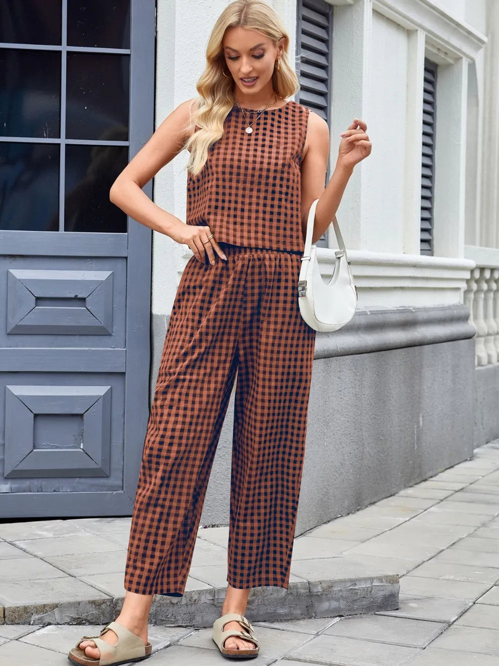 Plaid Sleeveless Top and Pants Set – Front View