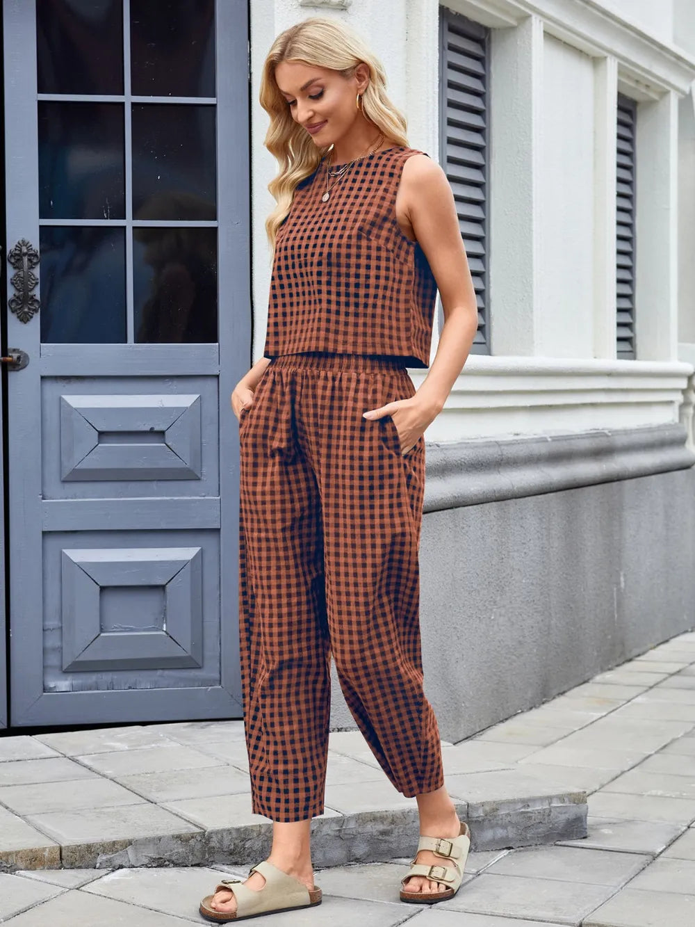 Plaid Sleeveless Top and Pants Set – Side View