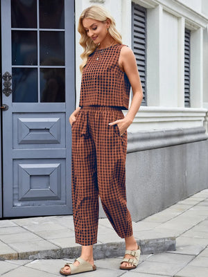 Plaid Sleeveless Top and Pants Set – Side View