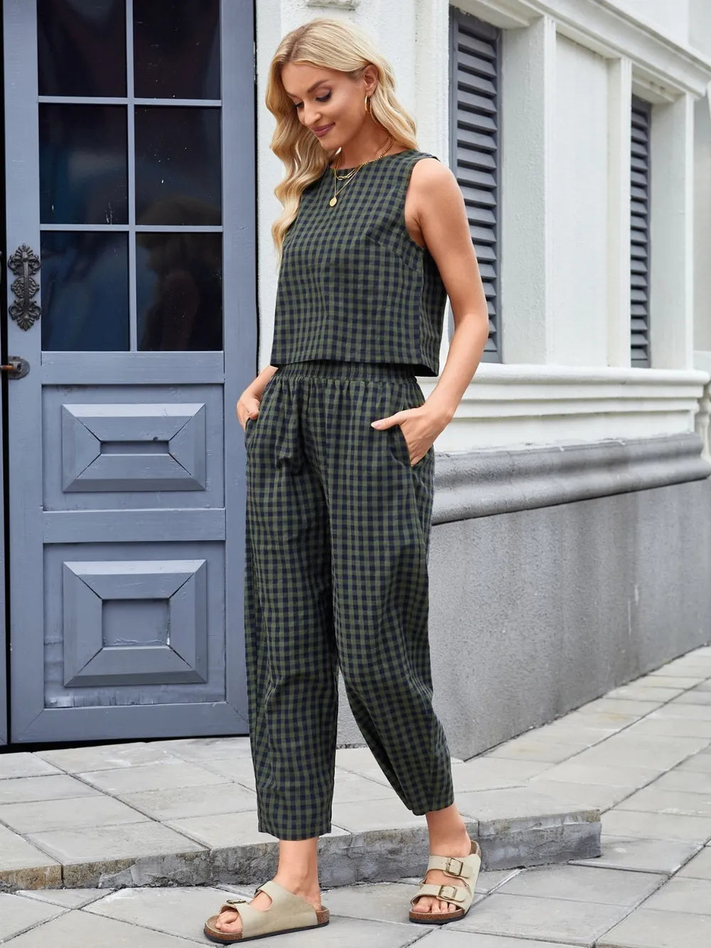 Plaid Sleeveless Top and Pants Set – Side View