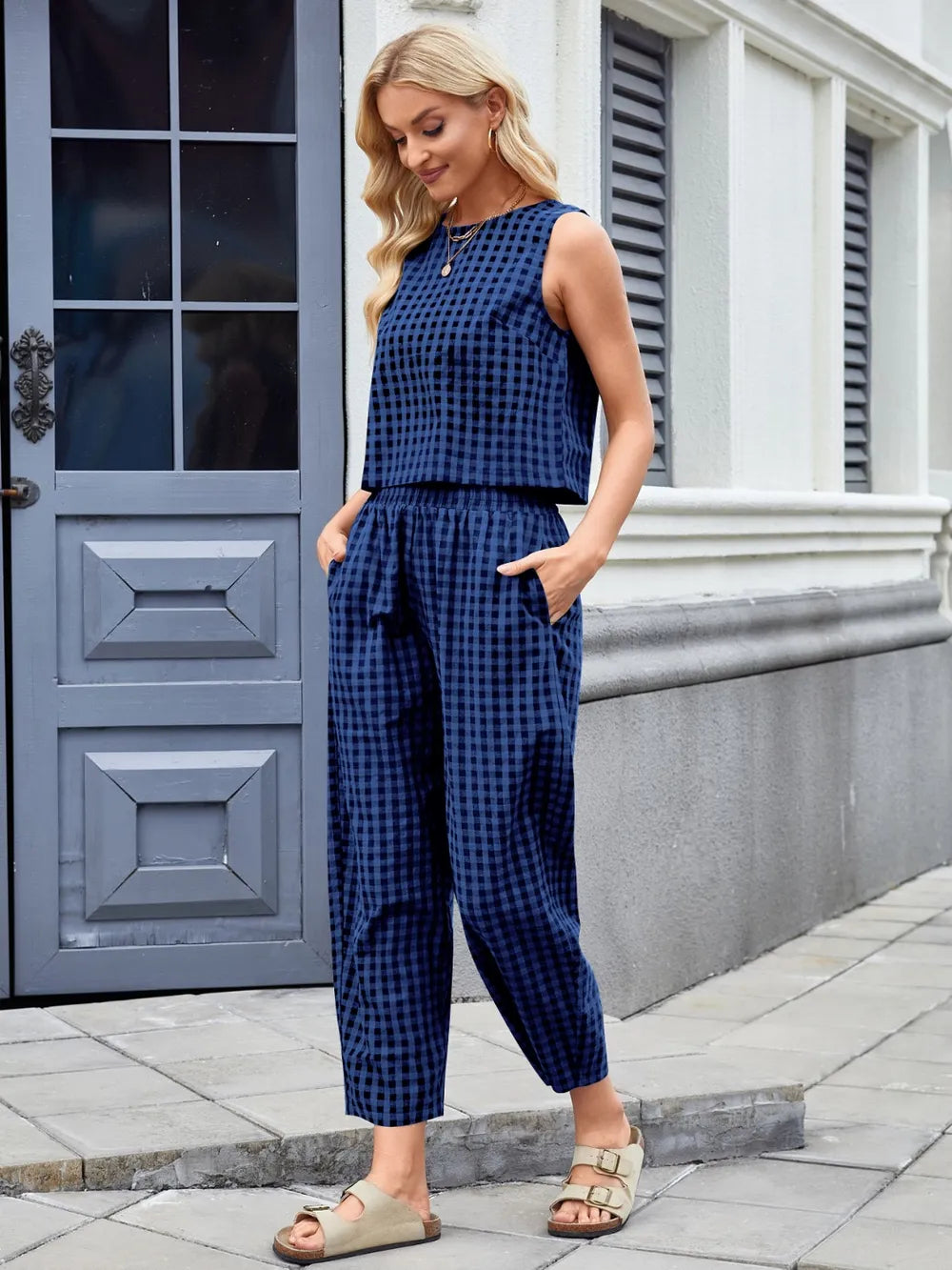 Plaid Sleeveless Top and Pants Set – Side View