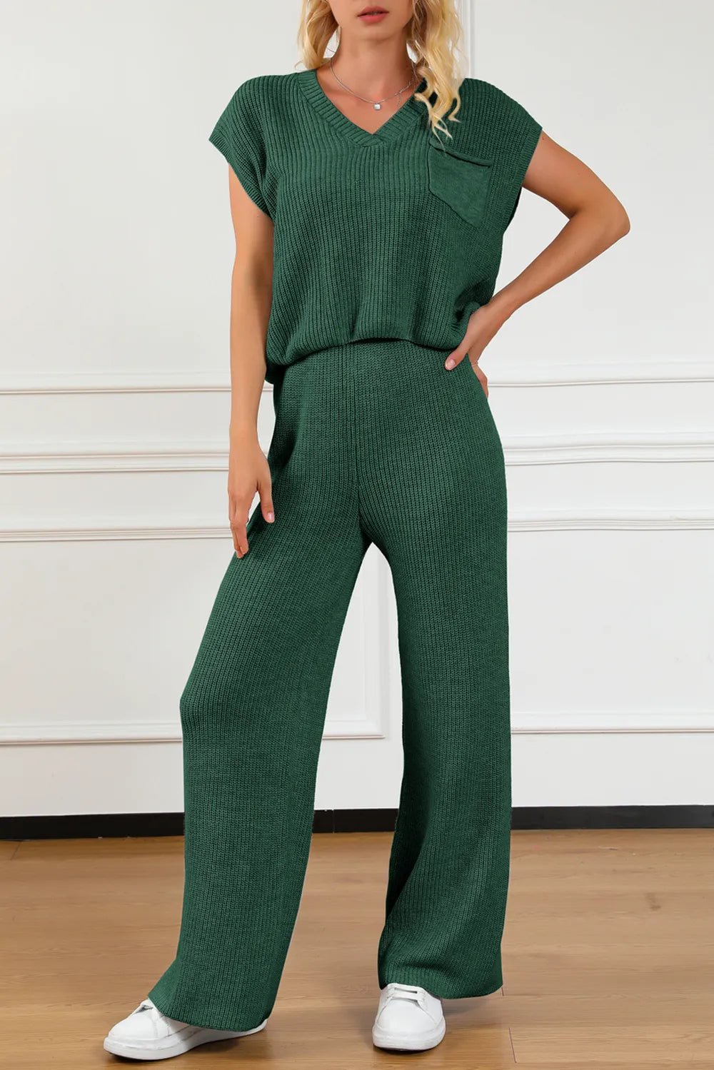 Stylish Pocketed V-Neck Top and Wide Leg Sweater Set
