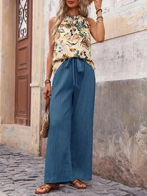 Printed sleeveless top and wide leg trousers front view