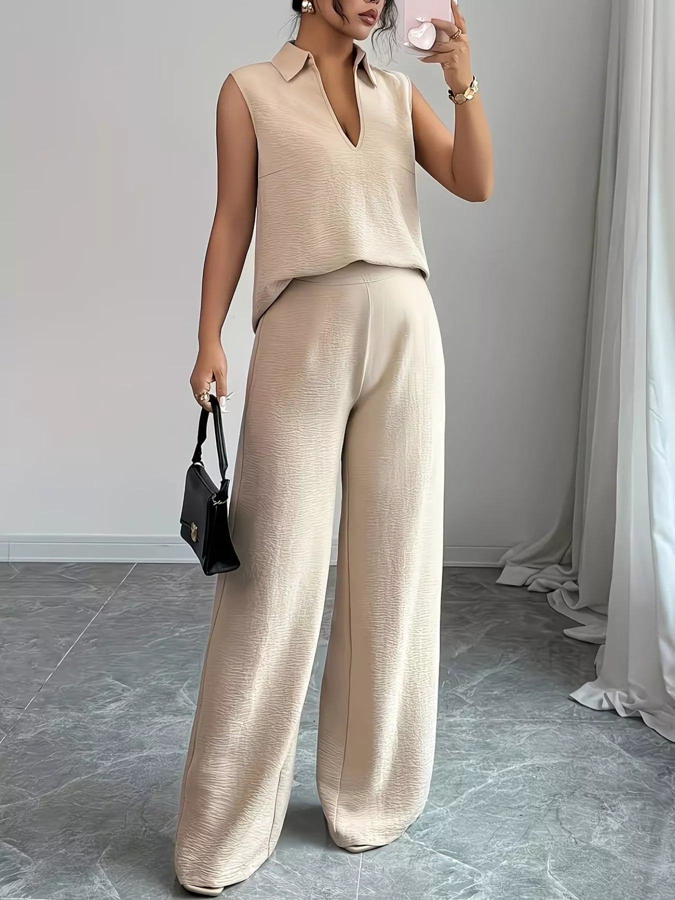 relaxed fit sleeveless top and wide pants front