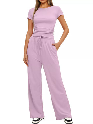 Relaxed style short sleeve top and drawstring pants front