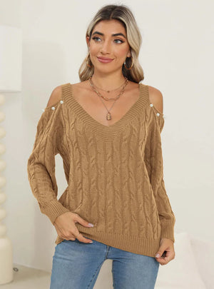 Classic front style of Cable-Knit Cold Shoulder Sweater with textured knit