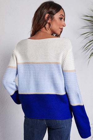 Rear design of ribbed knit color block sweater