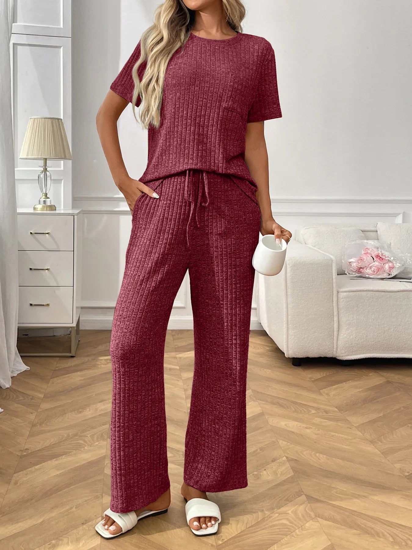 Ribbed knit two piece homewear set front view