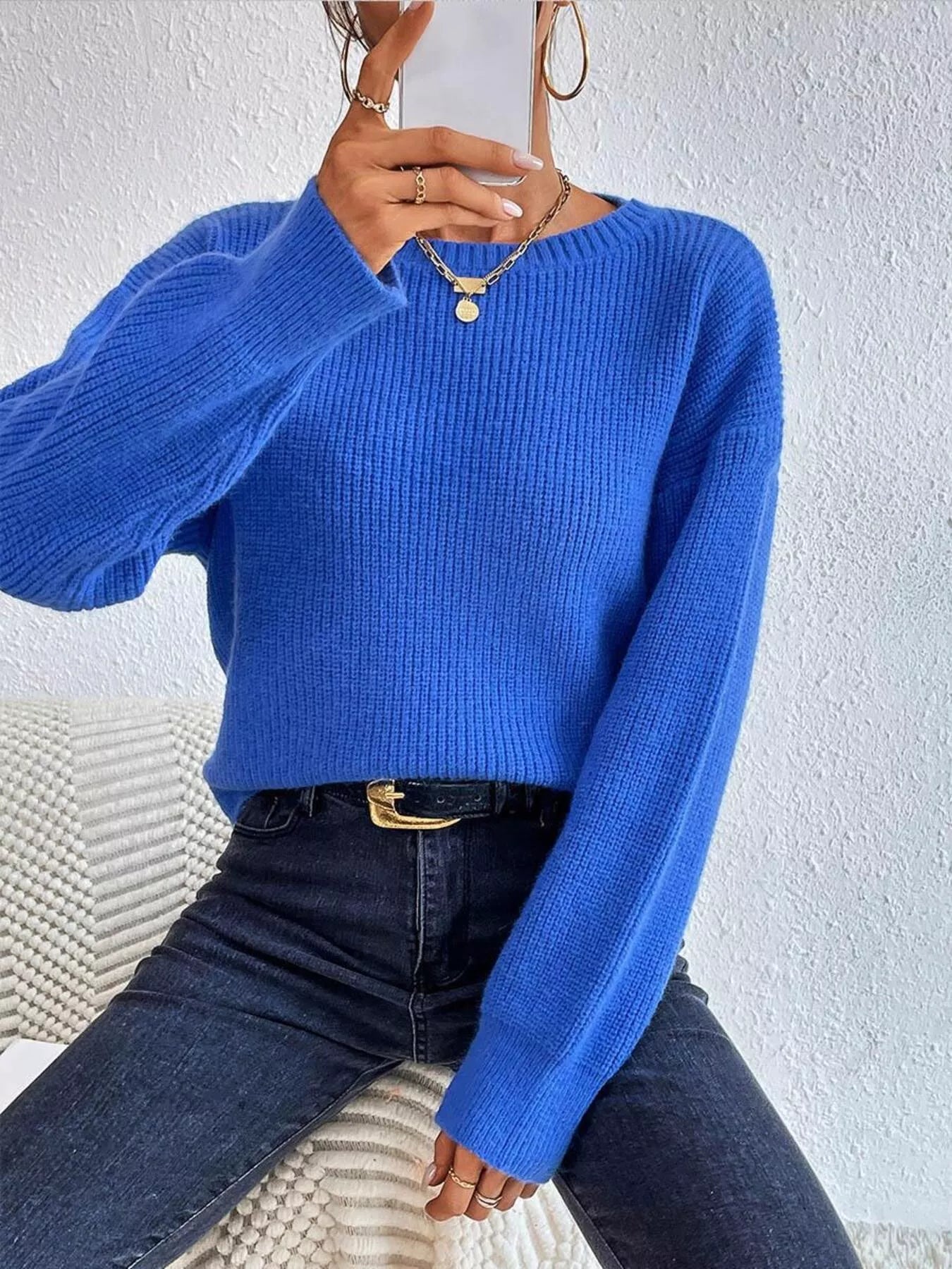 Modern dropped shoulder sweater front outfit