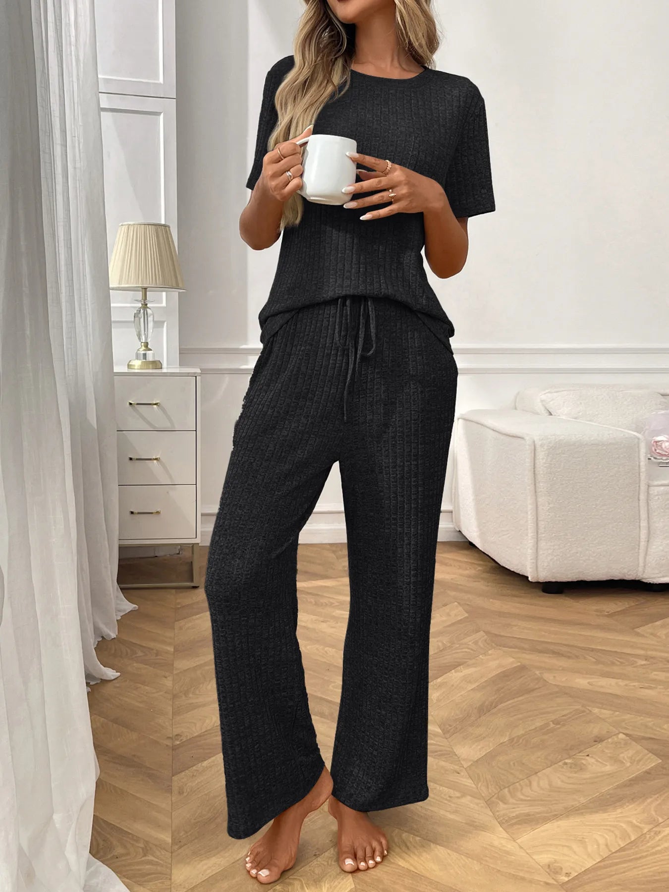 Ribbed knit homewear set front view