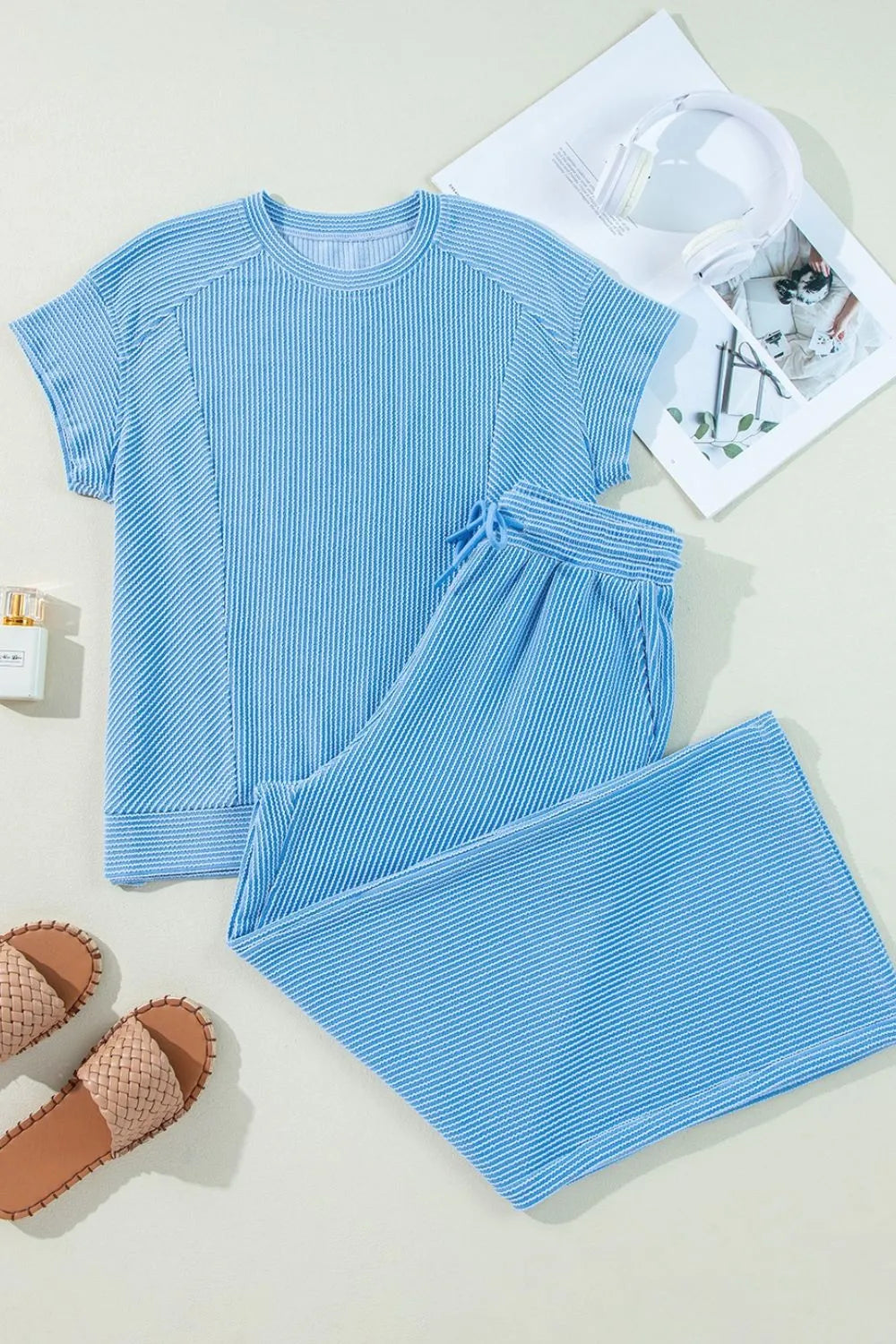 Display of ribbed knit top and pants set