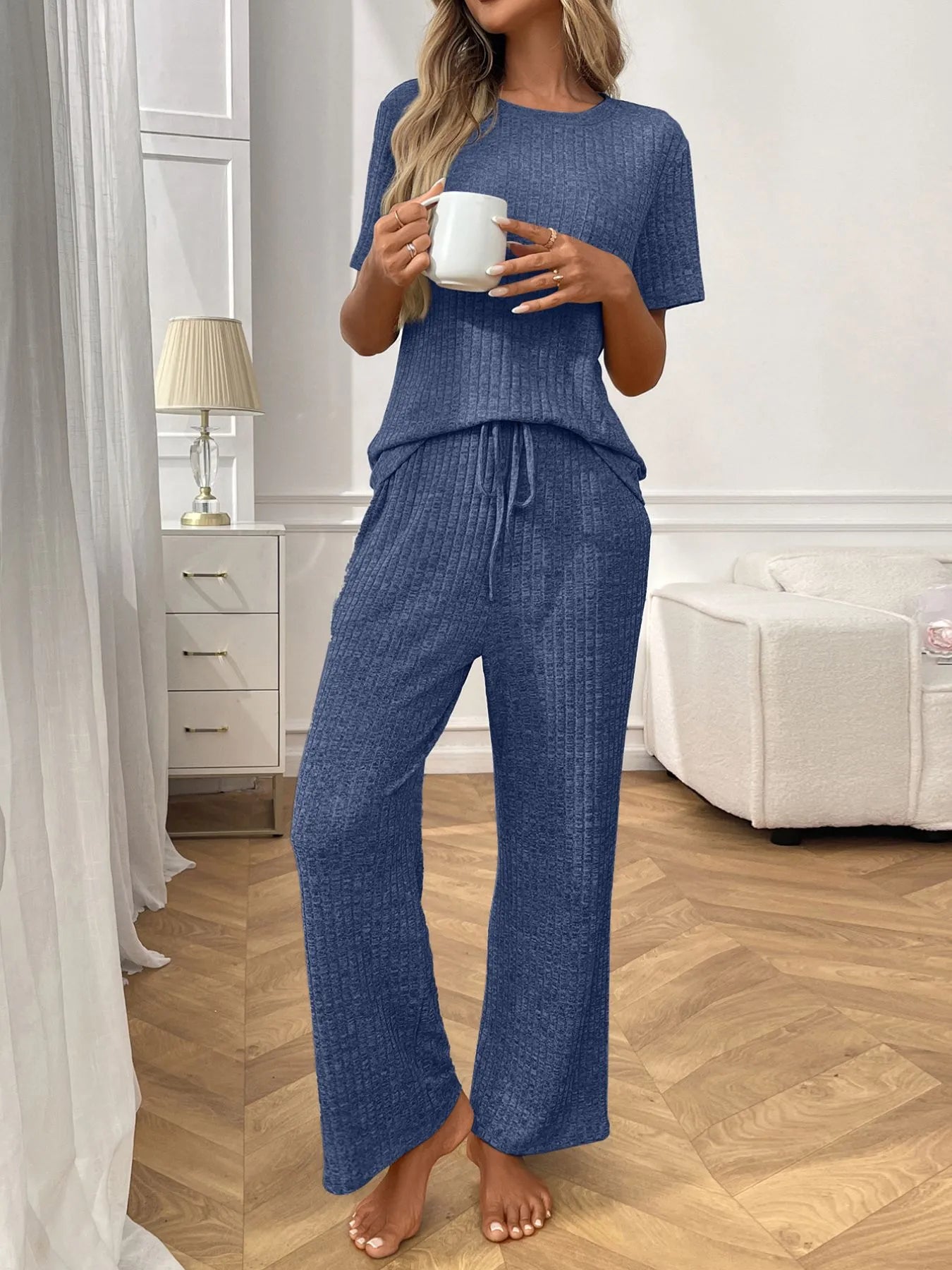 Ribbed knit short sleeve top and pants front view