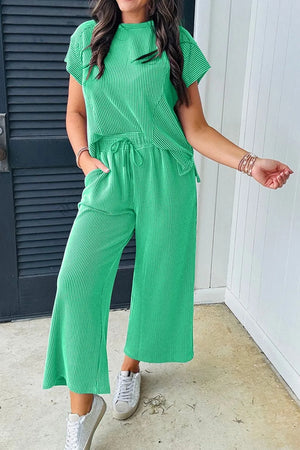 Front look of ribbed knit round neck top and pants set