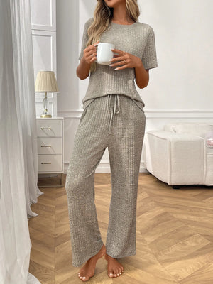 Ribbed knit short sleeve top and pants lounge set front view