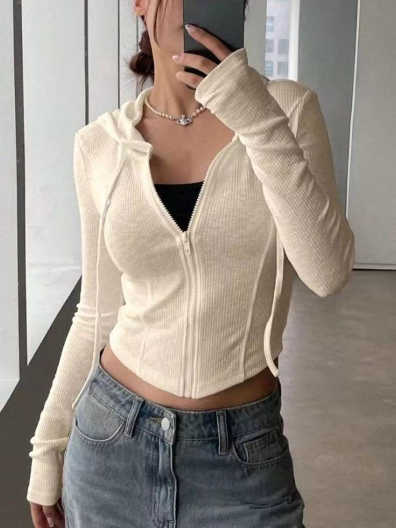 Ribbed knit cropped outerwear full body view