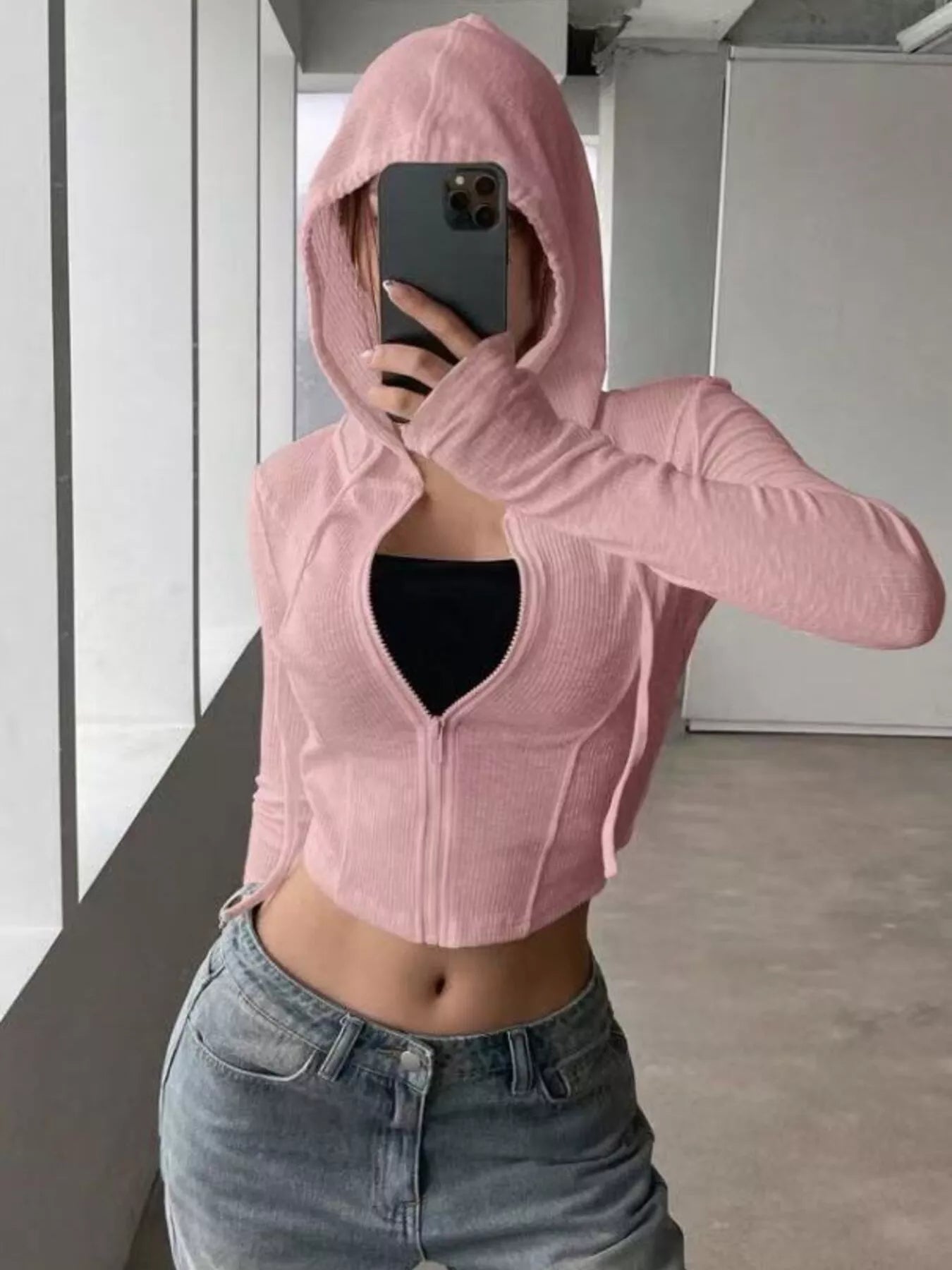 Ribbed knit cropped outerwear full body view