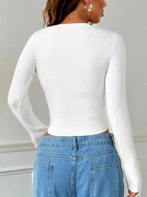 Back view of ribbed knit button-up cropped cardigan