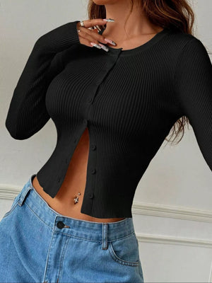 Styled look of ribbed knit button-up cropped cardigan