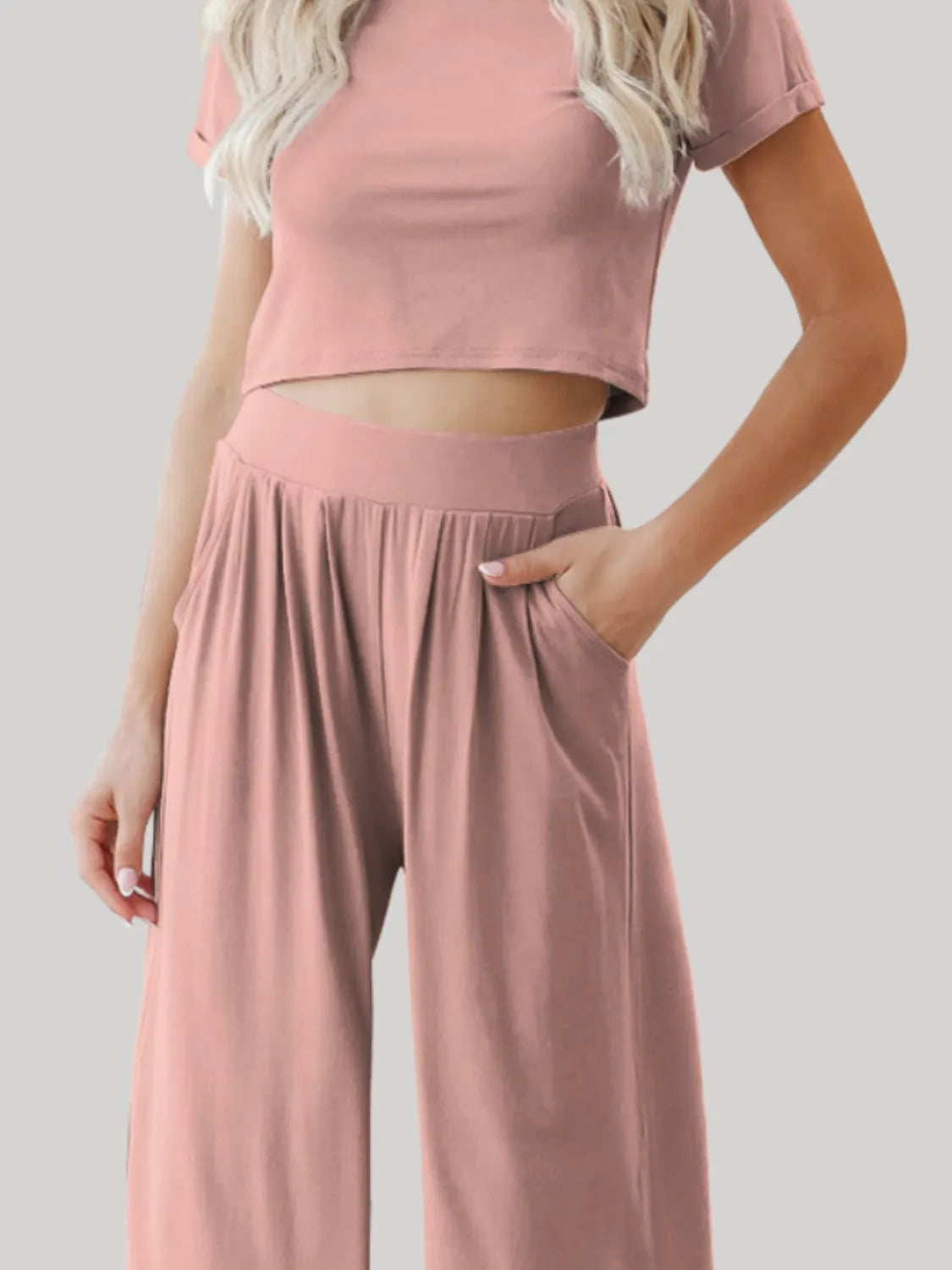Front relaxed fit view of round neck short sleeve top and pants set