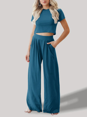 Front view of round neck short sleeve top and pants set