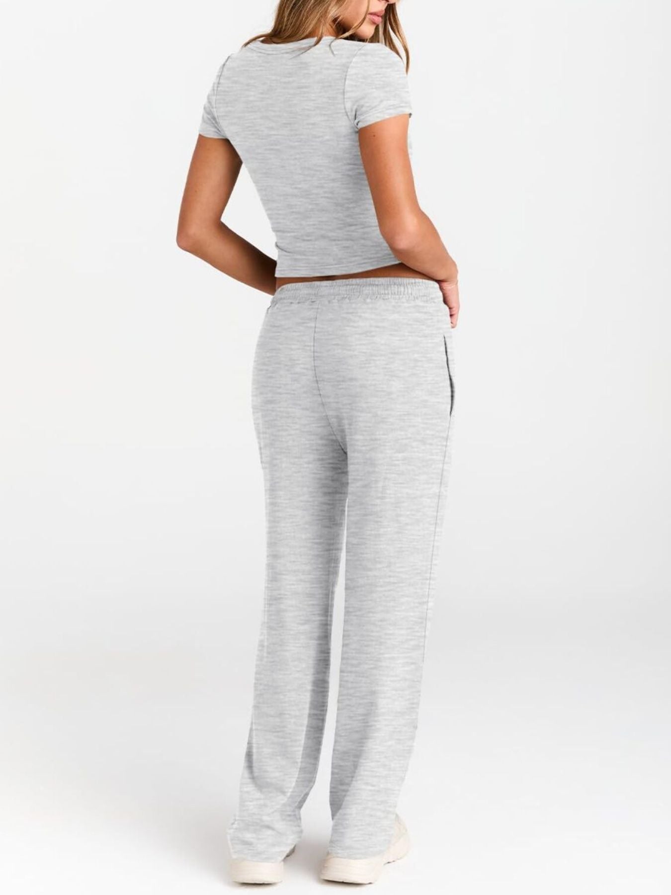 Back view of round neck tee and pants set